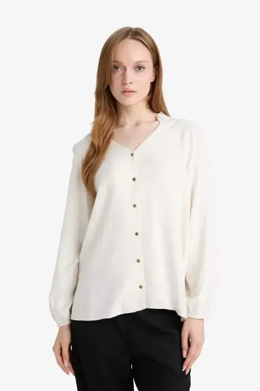 Regular Fit Crew Neck Glittery Fabric Long Sleeve Shirt-Ecru - 3