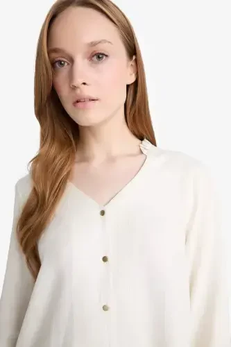 Regular Fit Crew Neck Glittery Fabric Long Sleeve Shirt-Ecru - 4