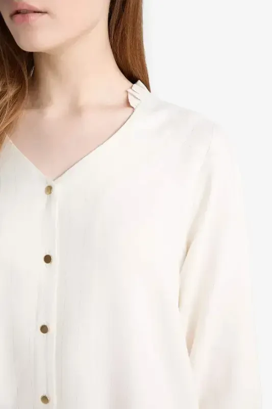 Regular Fit Crew Neck Glittery Fabric Long Sleeve Shirt-Ecru - 5