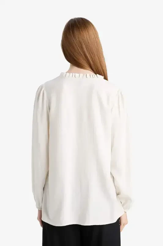 Regular Fit Crew Neck Glittery Fabric Long Sleeve Shirt-Ecru - 6