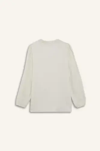 Regular Fit Crew Neck Glittery Fabric Long Sleeve Shirt-Ecru - 9