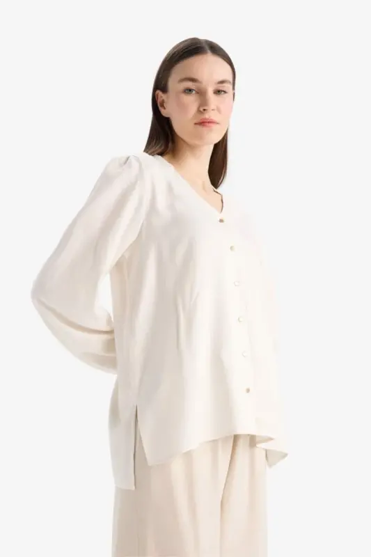 Regular Fit Crew Neck Glittery Fabric Long Sleeve Shirt-Ecru - 3