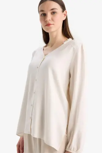 Regular Fit Crew Neck Glittery Fabric Long Sleeve Shirt-Ecru - 4