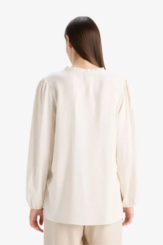 Regular Fit Crew Neck Glittery Fabric Long Sleeve Shirt-Ecru - 6