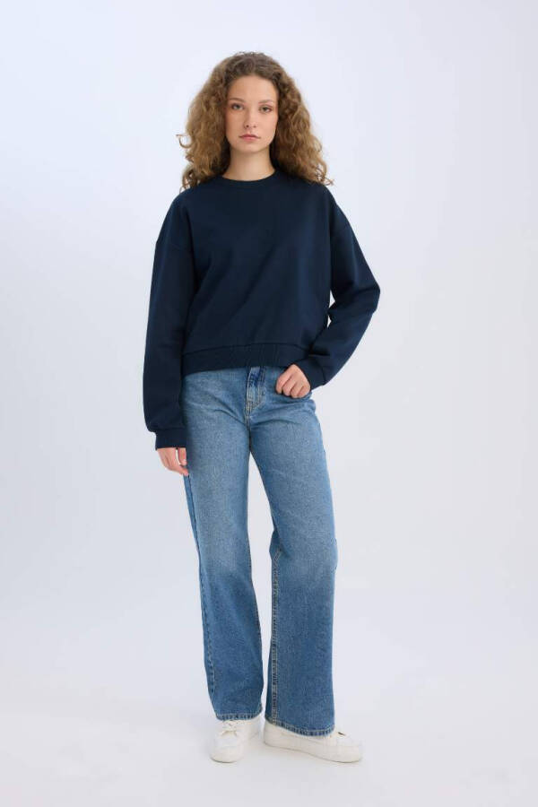 Regular Fit Crew Neck Heavy Basic Plain Sweatshirt Dark Blue - 2