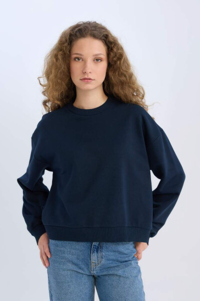 Regular Fit Crew Neck Heavy Basic Plain Sweatshirt Dark Blue - 3