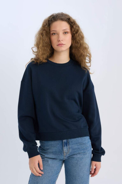 Regular Fit Crew Neck Heavy Basic Plain Sweatshirt Dark Blue - 4