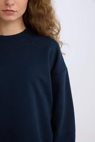 Regular Fit Crew Neck Heavy Basic Plain Sweatshirt Dark Blue - 5