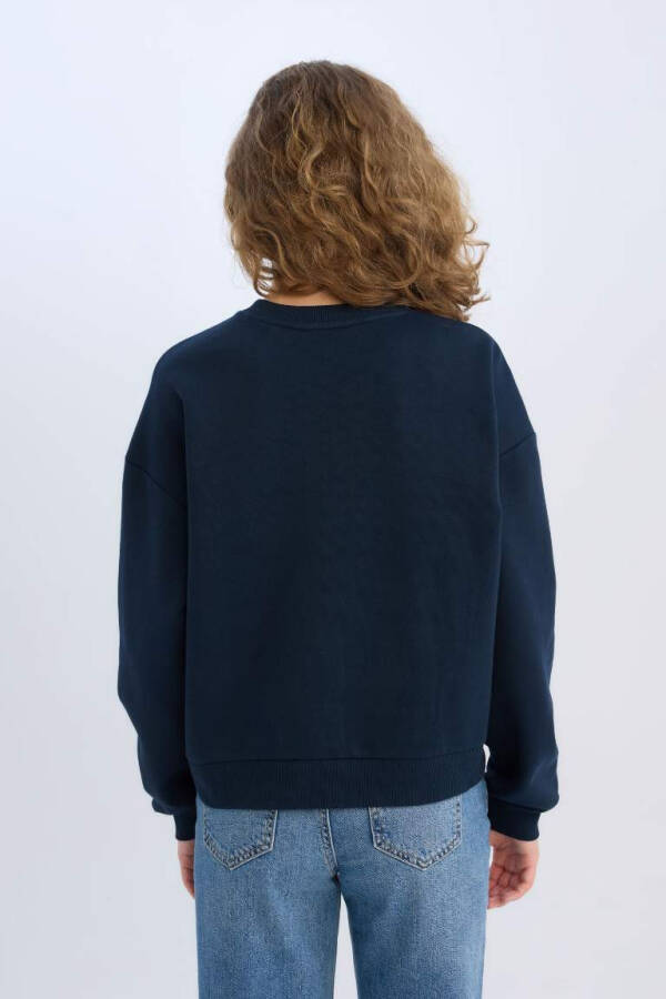 Regular Fit Crew Neck Heavy Basic Plain Sweatshirt Dark Blue - 6