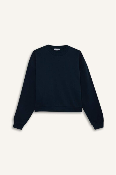 Regular Fit Crew Neck Heavy Basic Plain Sweatshirt Dark Blue - 7