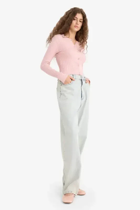 Regular Fit Crew Neck Knit Cardigan-Pink - 2