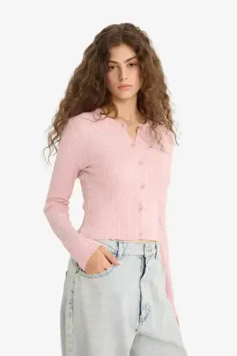 Regular Fit Crew Neck Knit Cardigan-Pink - 3