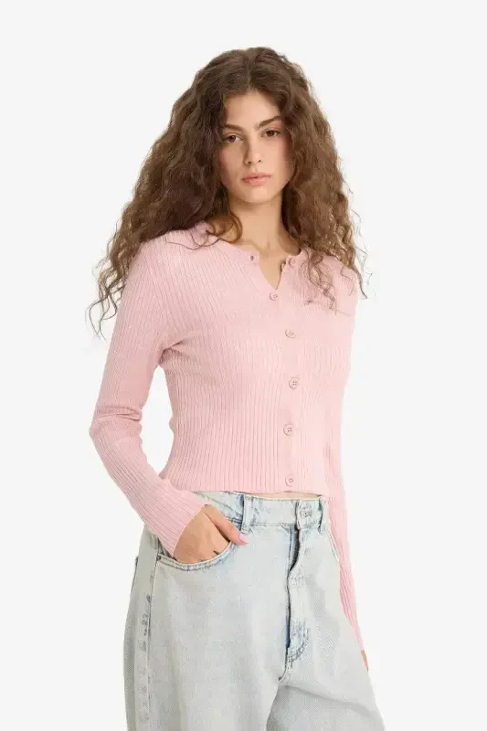 Regular Fit Crew Neck Knit Cardigan-Pink - 3