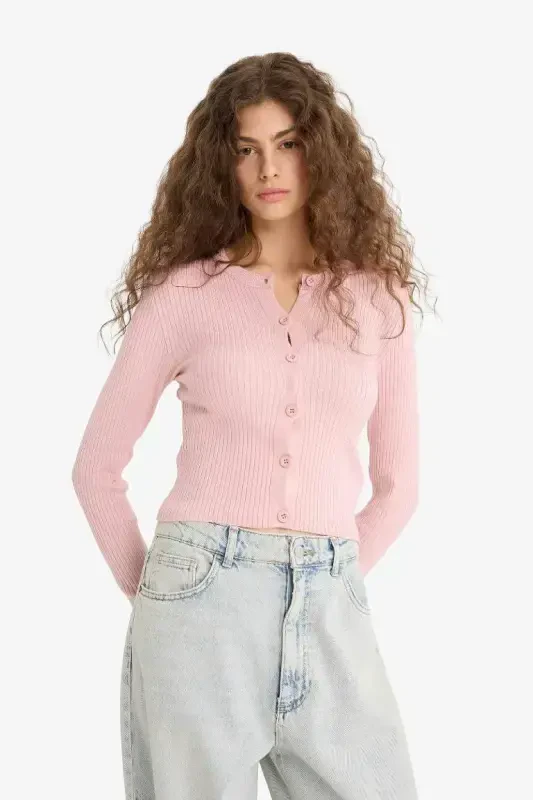 Regular Fit Crew Neck Knit Cardigan-Pink - 4