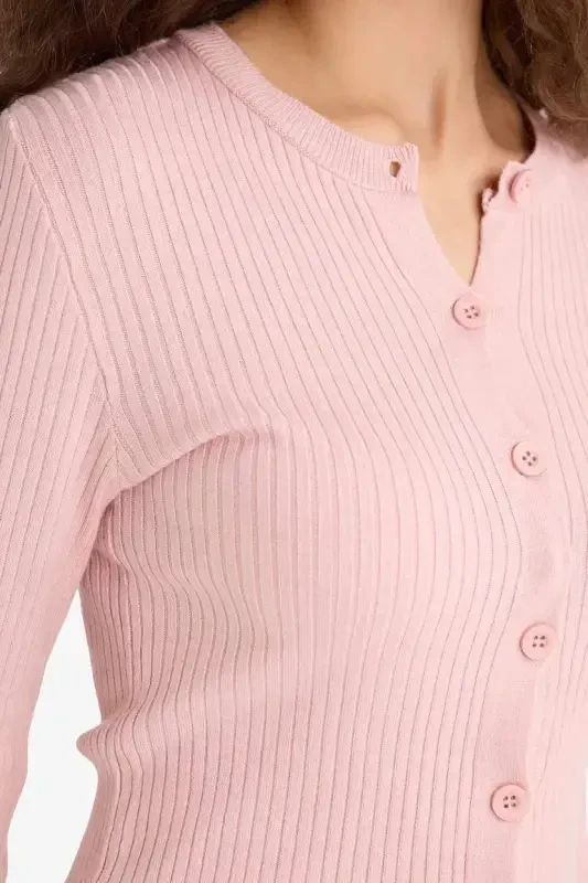 Regular Fit Crew Neck Knit Cardigan-Pink - 5