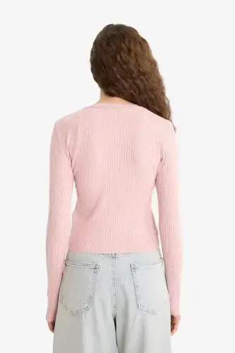 Regular Fit Crew Neck Knit Cardigan-Pink - 6