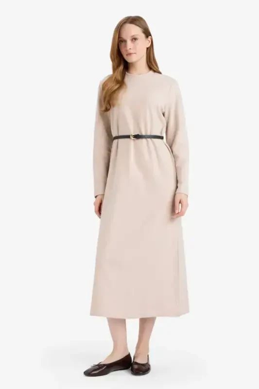 Regular Fit Crew Neck Long Sleeve Belted Ribbed Knit Maxi Dress-Natural Beige - 1