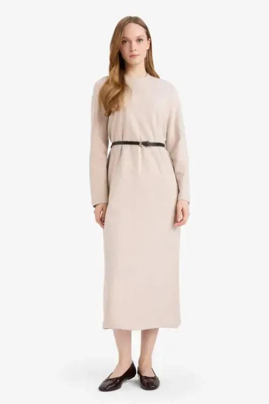 Regular Fit Crew Neck Long Sleeve Belted Ribbed Knit Maxi Dress-Natural Beige - 2