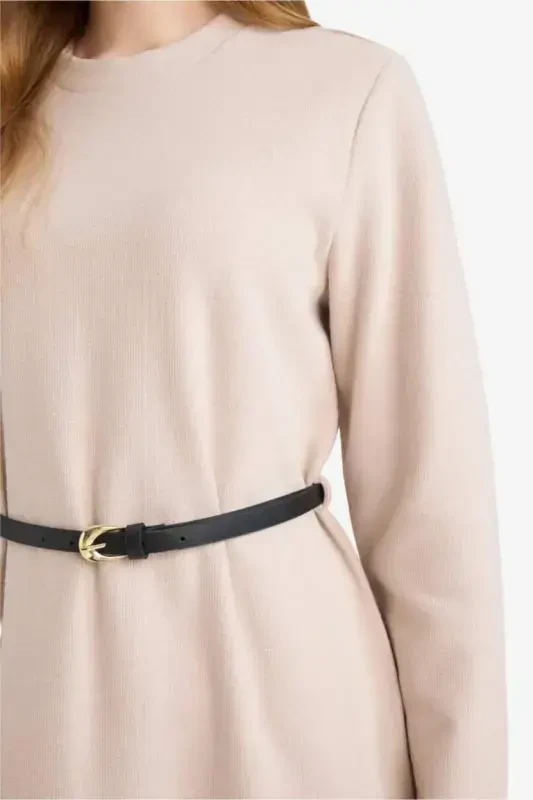 Regular Fit Crew Neck Long Sleeve Belted Ribbed Knit Maxi Dress-Natural Beige - 4