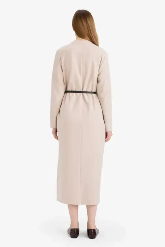 Regular Fit Crew Neck Long Sleeve Belted Ribbed Knit Maxi Dress-Natural Beige - 5