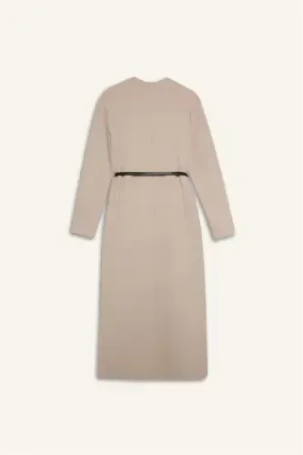 Regular Fit Crew Neck Long Sleeve Belted Ribbed Knit Maxi Dress-Natural Beige - 8