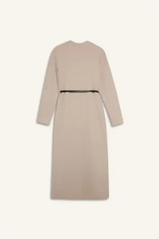 Regular Fit Crew Neck Long Sleeve Belted Ribbed Knit Maxi Dress-Natural Beige - 8