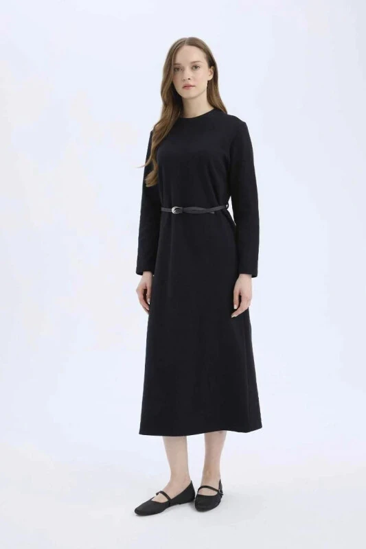 Regular Fit Crew Neck Long Sleeve Belted Ribbed Knit Maxi Modest Dress - DEFACTO
