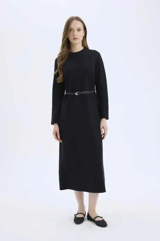 Regular Fit Crew Neck Long Sleeve Belted Ribbed Knit Maxi Modest Dress - 2