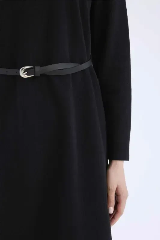 Regular Fit Crew Neck Long Sleeve Belted Ribbed Knit Maxi Modest Dress - 4