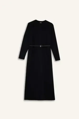 Regular Fit Crew Neck Long Sleeve Belted Ribbed Knit Maxi Modest Dress - 6