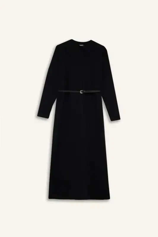 Regular Fit Crew Neck Long Sleeve Belted Ribbed Knit Maxi Modest Dress - 6