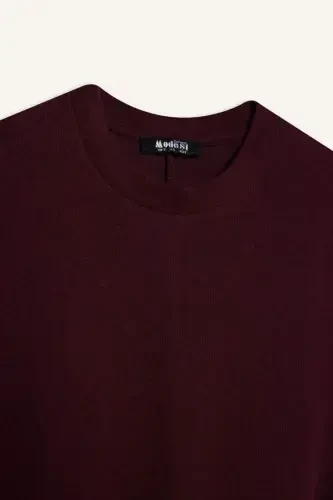 Regular Fit Crew Neck Long Sleeve Belted Ribbed Knit Maxi Modest Dress-Burgundy - 7