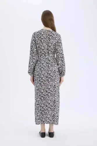 Regular Fit Crew Neck Patterned Belted Long Sleeve Maxi Dress-Navy Blue - 4