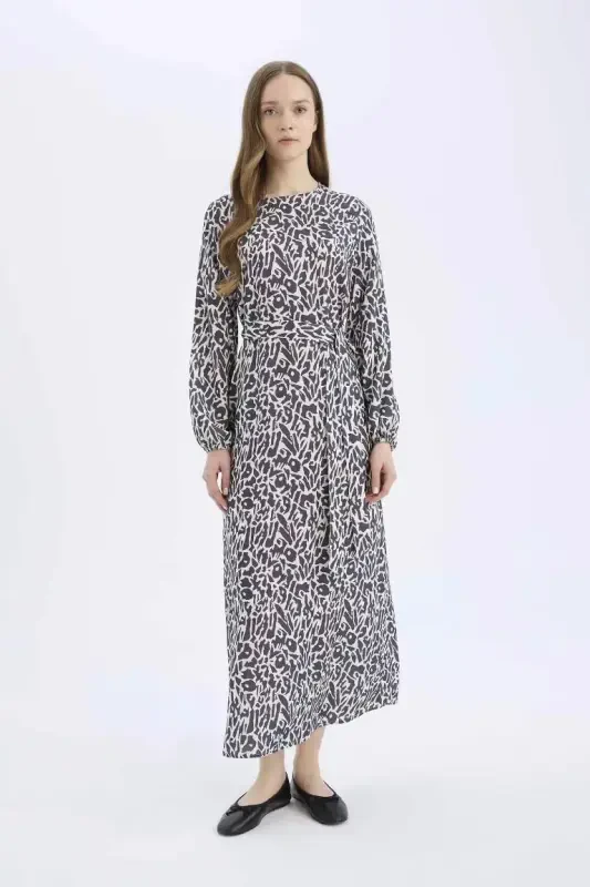 Regular Fit Crew Neck Patterned Belted Long Sleeve Maxi Dress-Navy Blue - 5