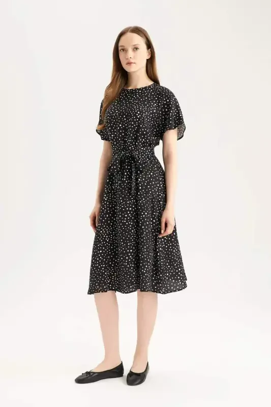 Regular Fit Crew Neck Patterned Belted Short Sleeve Midi Dress-Black - DEFACTO