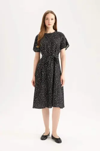Regular Fit Crew Neck Patterned Belted Short Sleeve Midi Dress-Black - 3
