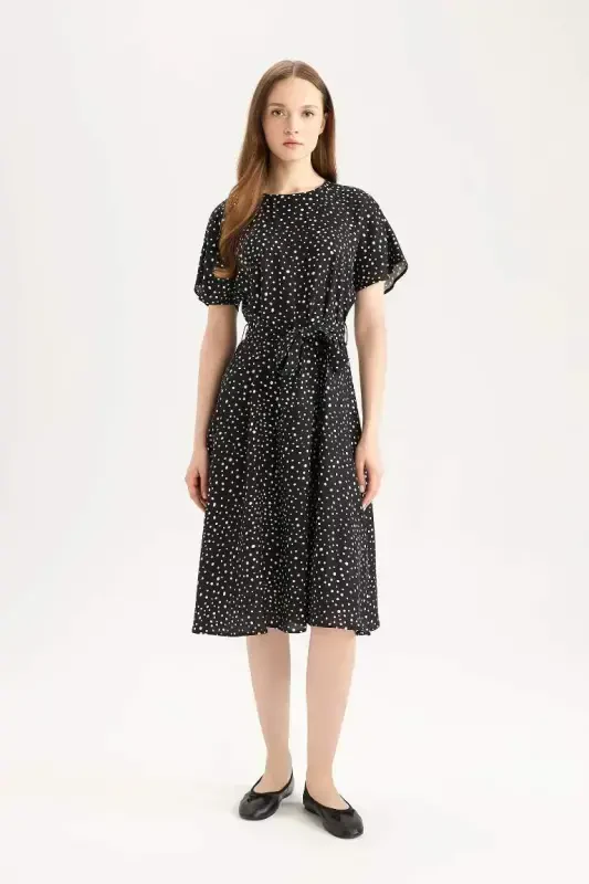 Regular Fit Crew Neck Patterned Belted Short Sleeve Midi Dress-Black - 3