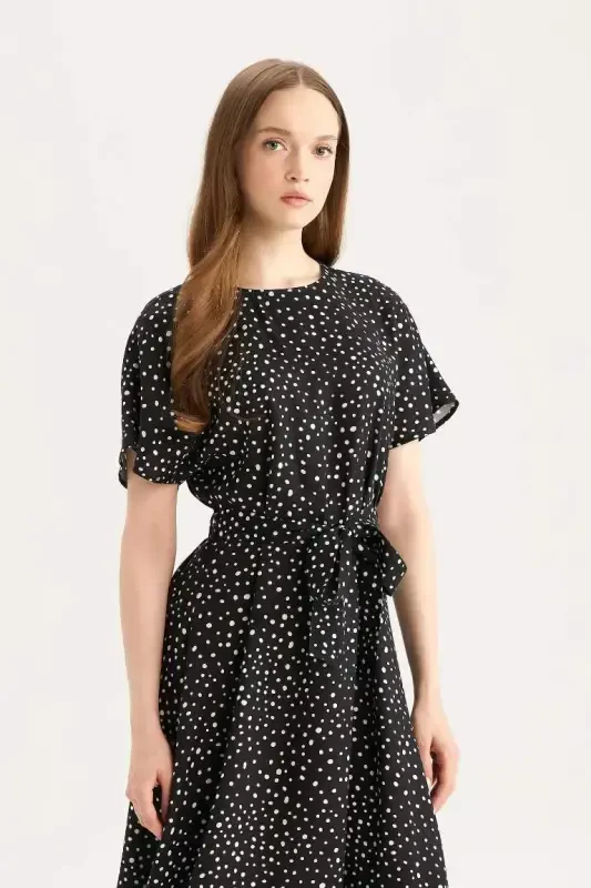 Regular Fit Crew Neck Patterned Belted Short Sleeve Midi Dress-Black - 4