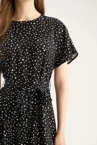 Regular Fit Crew Neck Patterned Belted Short Sleeve Midi Dress-Black - 5