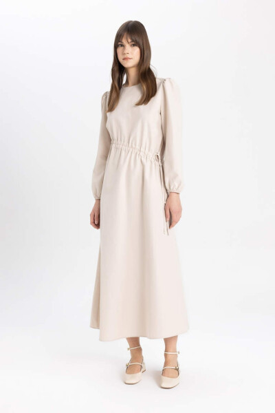 Regular Fit Crew Neck Poplin Long Sleeve Dress Sand - 4