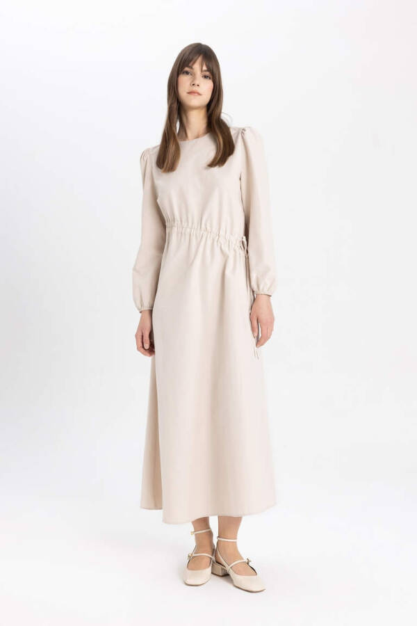 Regular Fit Crew Neck Poplin Long Sleeve Dress Sand - 6