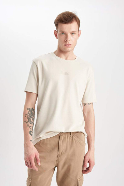 Regular Fit Crew Neck Printed Short Sleeve Heavy Fabric T-Shirt Sand - 4