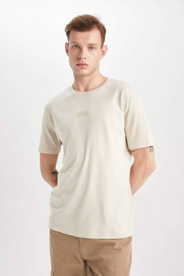 Regular Fit Crew Neck Printed Short Sleeve Heavy Fabric T-Shirt Sand - 7