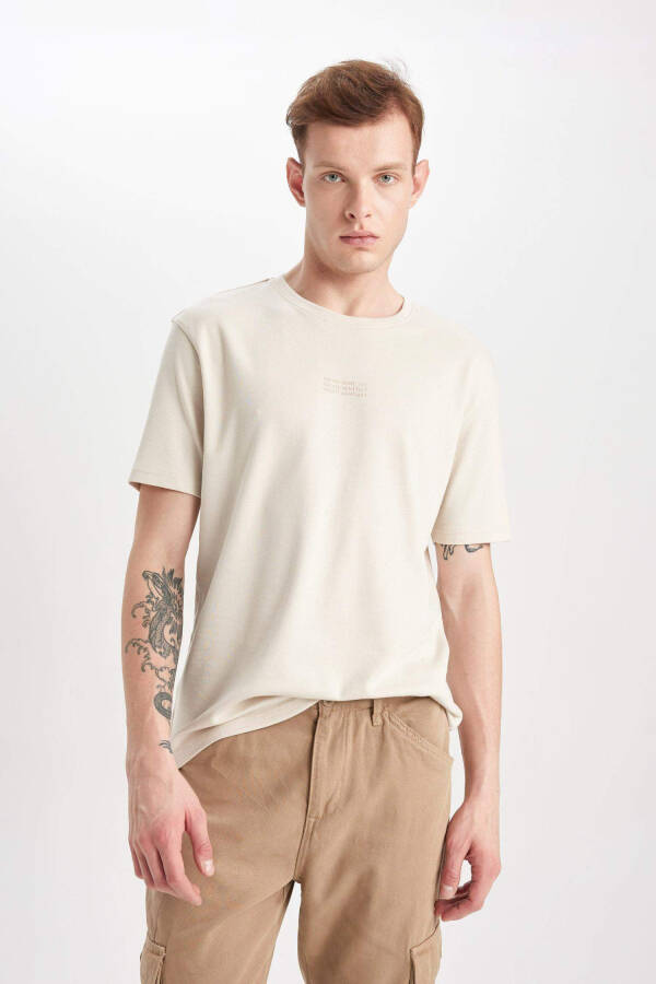 Regular Fit Crew Neck Printed Short Sleeve Heavy Fabric T-Shirt Sand - 14