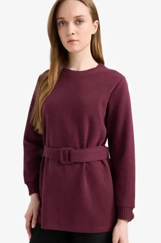 Regular Fit Crew Neck Soft Fleece Inner Thessaloniki Fabric Long Sleeve Tunic-Bordeaux - 1