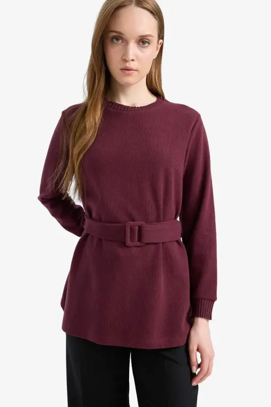 Regular Fit Crew Neck Soft Fleece Inner Thessaloniki Fabric Long Sleeve Tunic-Bordeaux - 3