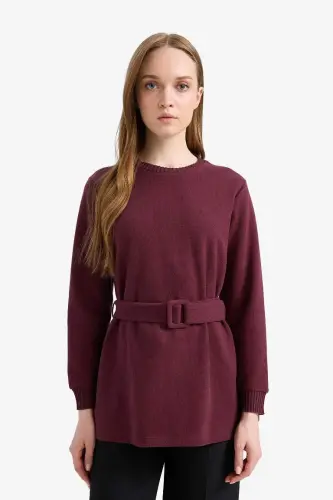 Regular Fit Crew Neck Soft Fleece Inner Thessaloniki Fabric Long Sleeve Tunic-Bordeaux - 5