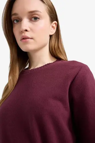 Regular Fit Crew Neck Soft Fleece Inner Thessaloniki Fabric Long Sleeve Tunic-Bordeaux - 7