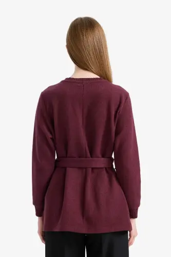 Regular Fit Crew Neck Soft Fleece Inner Thessaloniki Fabric Long Sleeve Tunic-Bordeaux - 8