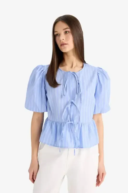Regular Fit Crew Neck Striped Tie Front Poplin Short Sleeve Blouse-Blue - 4